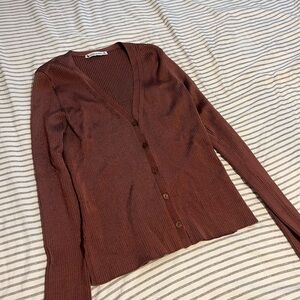 Brown V-Neck Button-Up Women's Sweater